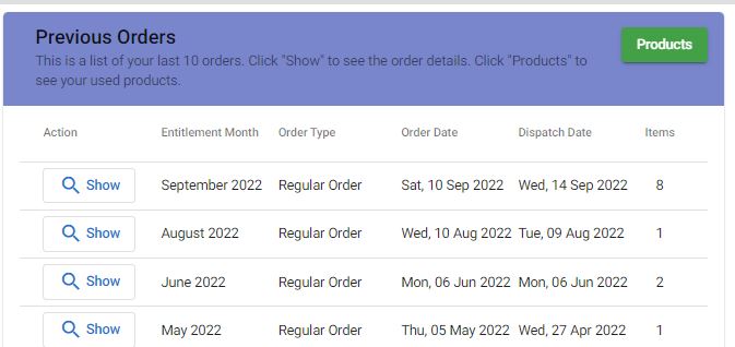 Previous orders list