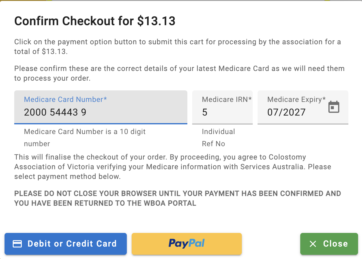 Medicare confirmation dialog