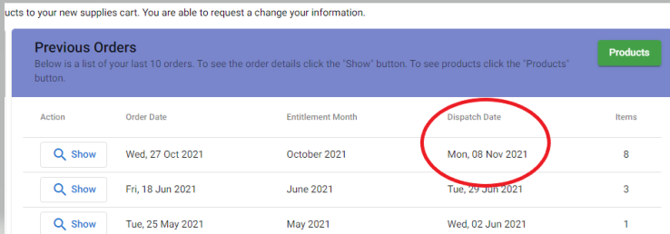 Dispatch date column under Previous Orders