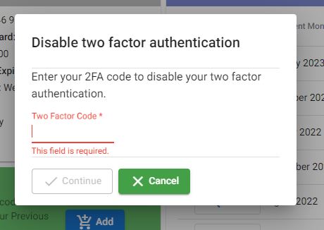 Disable two factor authentication menu item