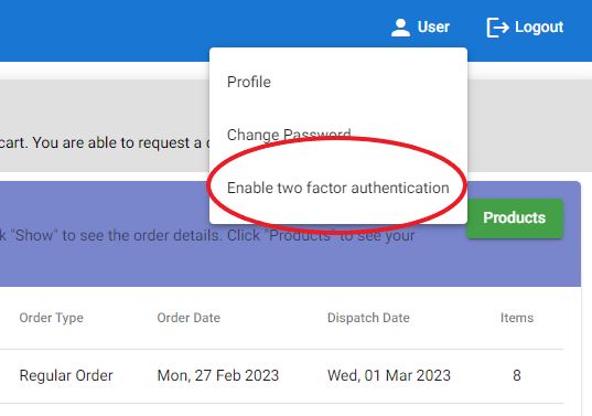 Enable two factor authentication menu item