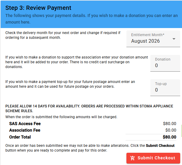 Step 3 Review Payment showing entitlement month, donation, top-up and order total