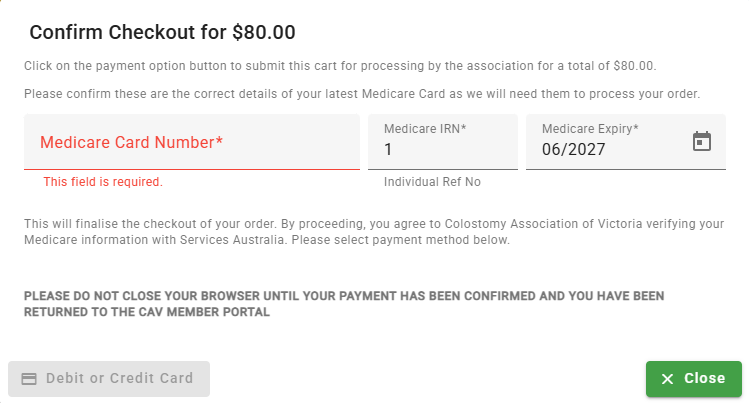 Confirm Checkout dialog with Medicare details and Debit or Credit Card option